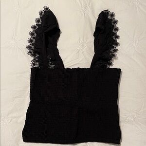 Black Smocked Top with Floral Lace Detail
